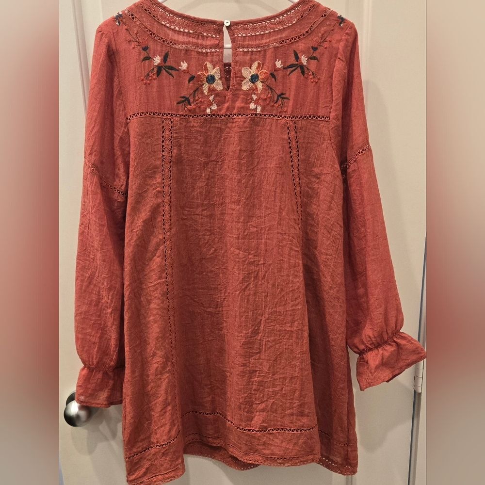 Umgee terracotta Embroidered Boho Style Ruched Mini Dress with Bishop Sleeves - Picture 2 of 6